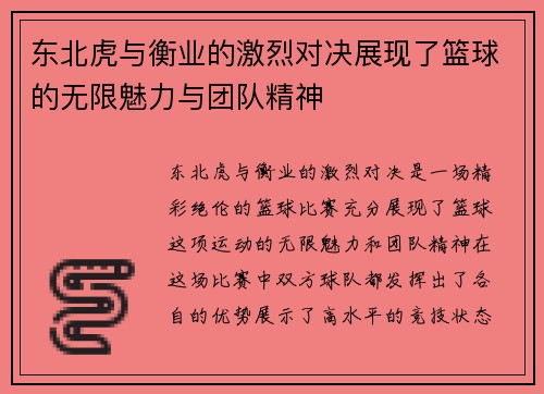 东北虎与衡业的激烈对决展现了篮球的无限魅力与团队精神